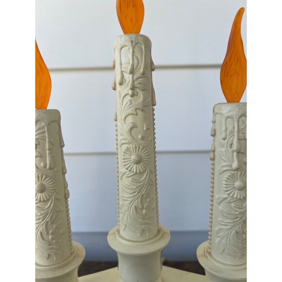 Vintage Electric Cream Plastic Candelabra With Orange Flame Bulbs & Floral Carvi - Picture 2 of 2